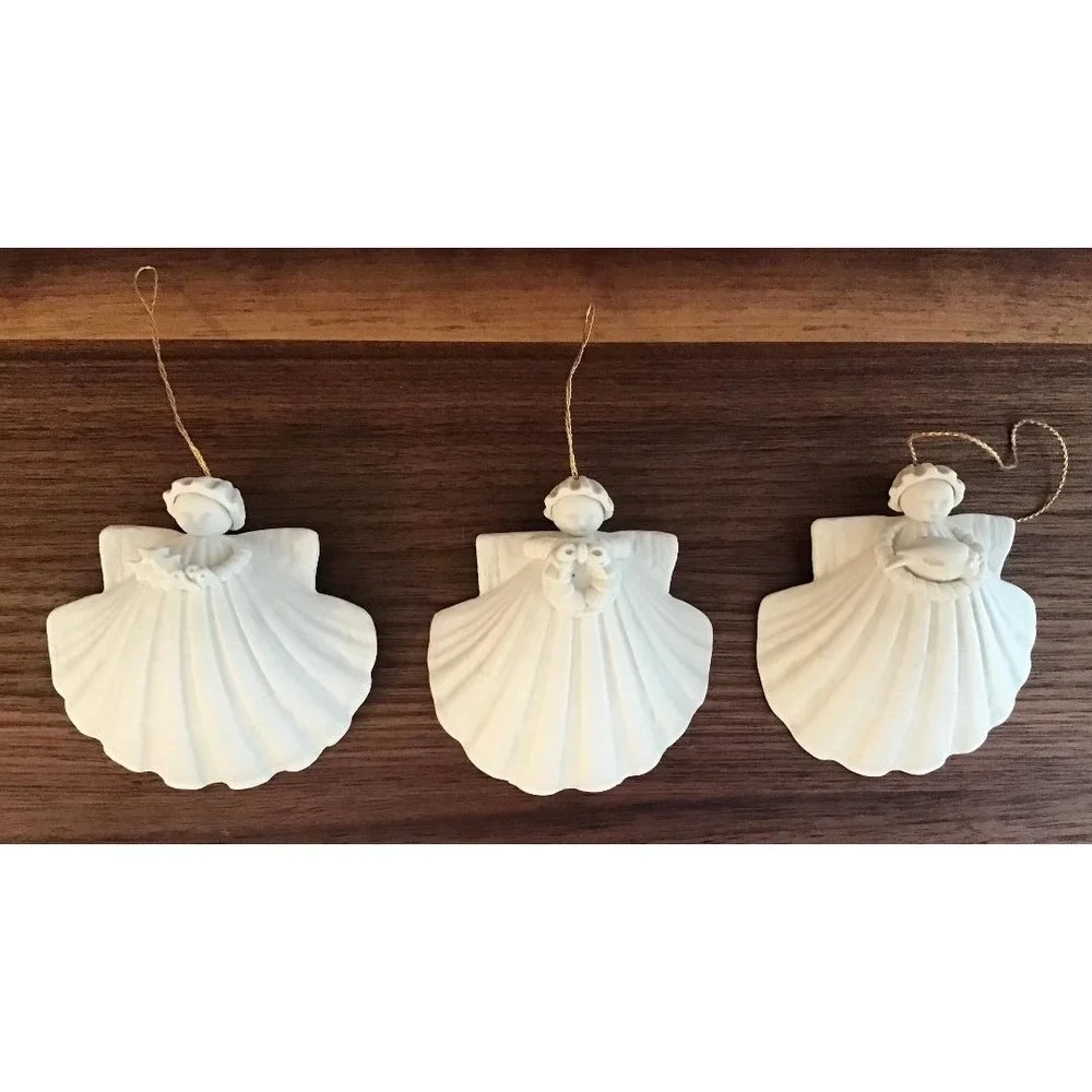 Vintage Maragert Furloug Bisque Porcelain Angel Ornaments Set of 3 White Shell
